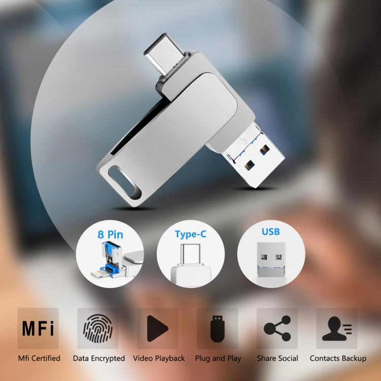 32GB USB 3.0 + 8 Pin + USB-C / Type-C 3 in 1 Phone Computer Metal Rotatable U-Disk(Black) - Image 4