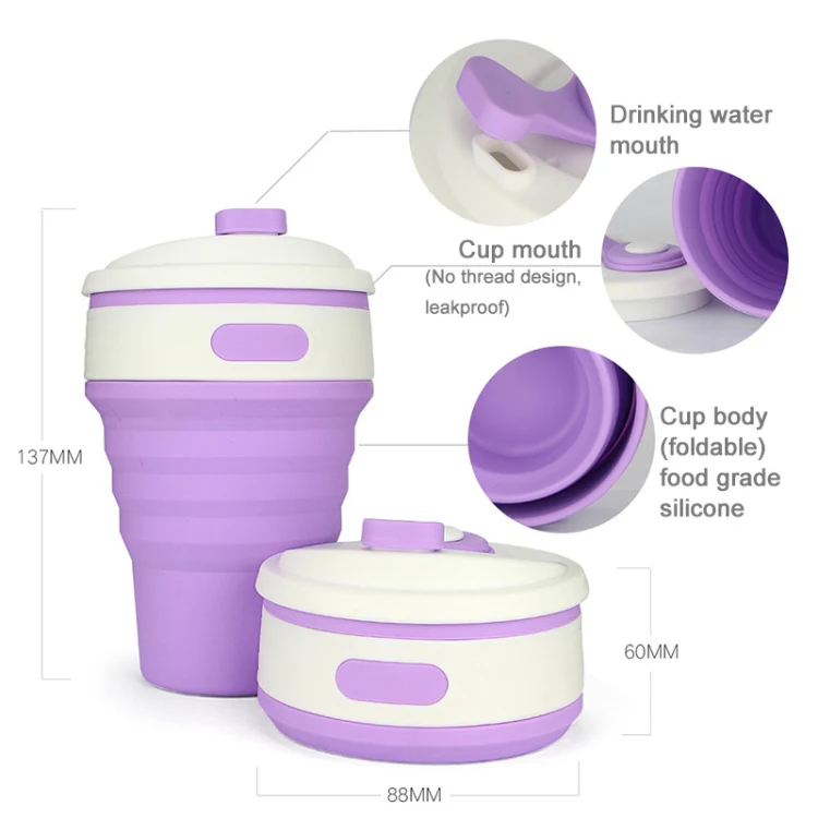 350ml Folding Portable Silicone Coffee Cup Multi-function Travel Cup (Purple) - Image 4