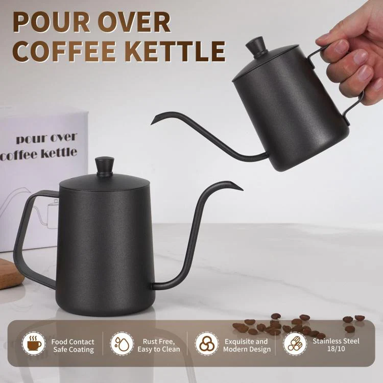 350ml Swan-Necked Narrow-Mouth Stainless Steel Pour-Over Coffee Pot with Lid(Silver) - Image 5