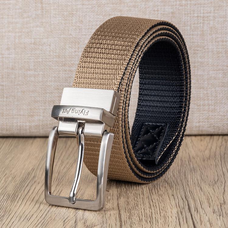 360 Degree Rotating Pin Buckle Belt Men Casual Nylon Alloy Belt, Length: 115cm(Black Khaki)