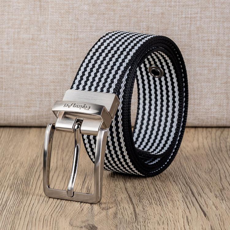 360 Degree Rotating Pin Buckle Belt Men Casual Nylon Alloy Belt, Length: 115cm(Black White Stripes)