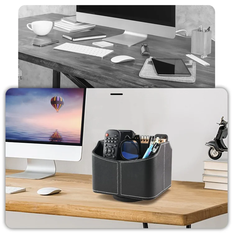 360 Degrees Rotating Desk Organizer Storage Box PU Leather Remote Control Holder, Style: Antique Pattern - Image 7