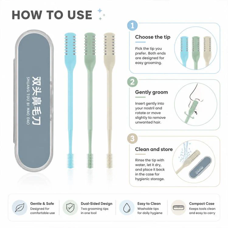 3pcs/Pack 360 Degree Rotating Double Blade Design Double Head Nose Hair Razor(Creamy Yellow+Blue+Green) - Image 9