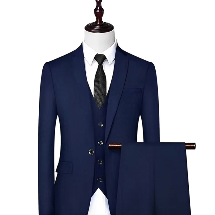 3pcs /Set Men Formal Business Suit Blazers Wedding Dress Groom Group Suits, Size: S(1 Button Navy Jacket+Shirt+Pants)