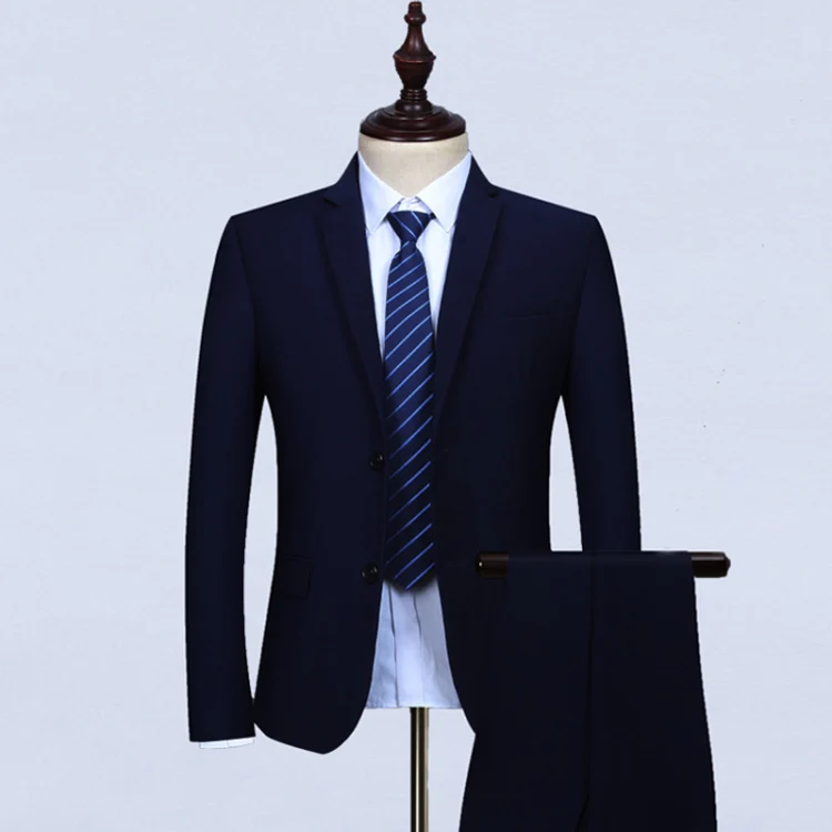 3pcs /Set Men Formal Business Suit Blazers Wedding Dress Groom Group Suits, Size: XXL(2 Button Navy Jacket+Vest+Pants) - Image 2
