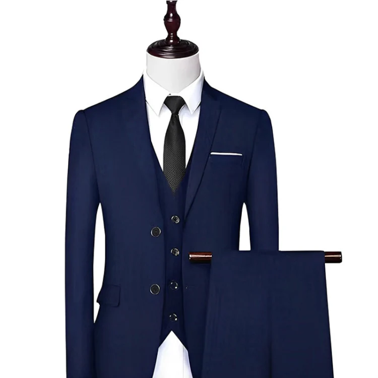 3pcs /Set Men Formal Business Suit Blazers Wedding Dress Groom Group Suits, Size: XXXL(2 Button Navy Jacket+Vest+Pants)
