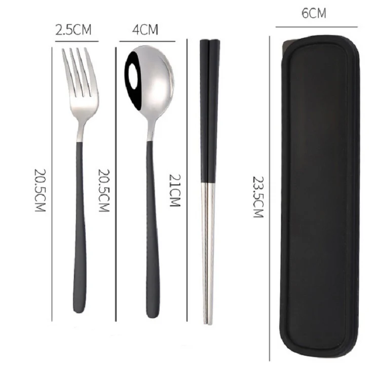 3pcs / Set Portable Stainless Steel Tableware Creative Set Chopsticks Spoon Fork Gift, Color:Black - Image 2