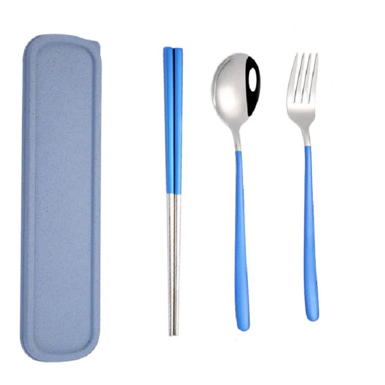3pcs / Set Portable Stainless Steel Tableware Creative Set Chopsticks Spoon Fork Gift, Color:Blue
