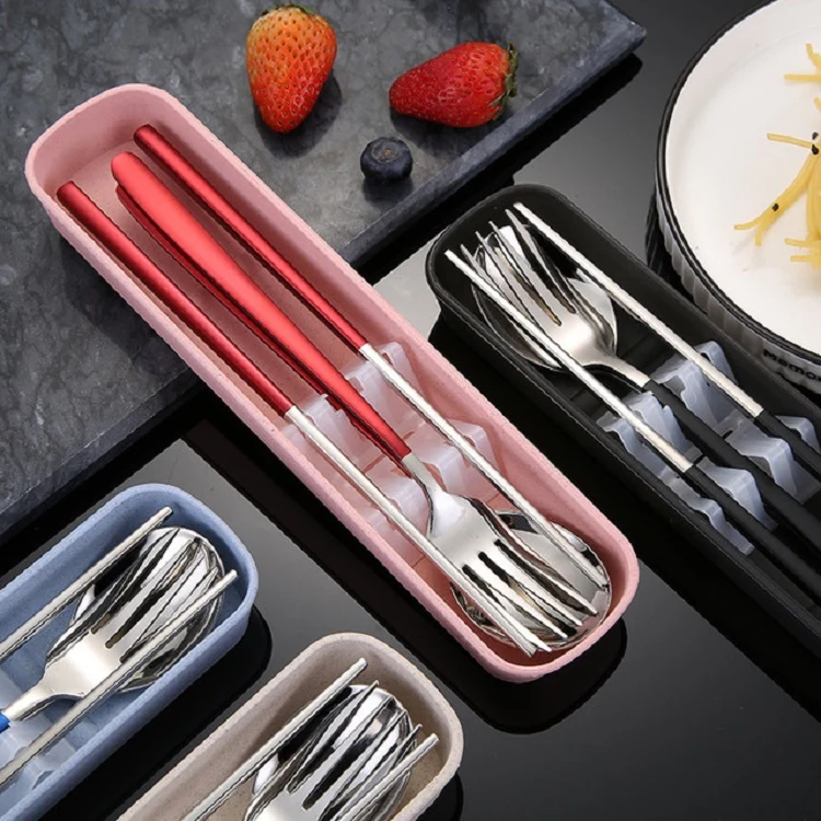 3pcs / Set Portable Stainless Steel Tableware Creative Set Chopsticks Spoon Fork Gift, Color:Steel - Image 5