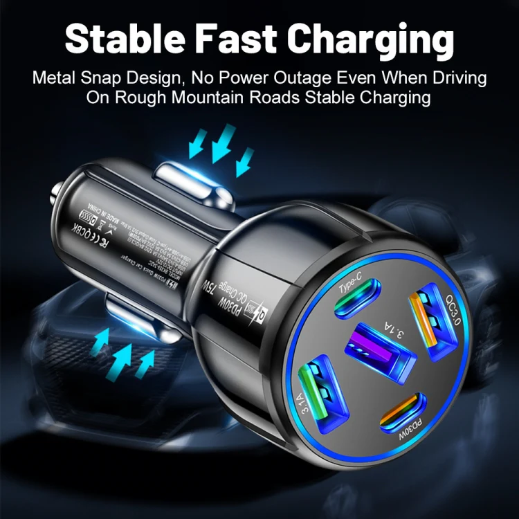 3USB+2PD 75W Dual Line Car Mobile Phone Fast Charging Charger(Black) - Image 9