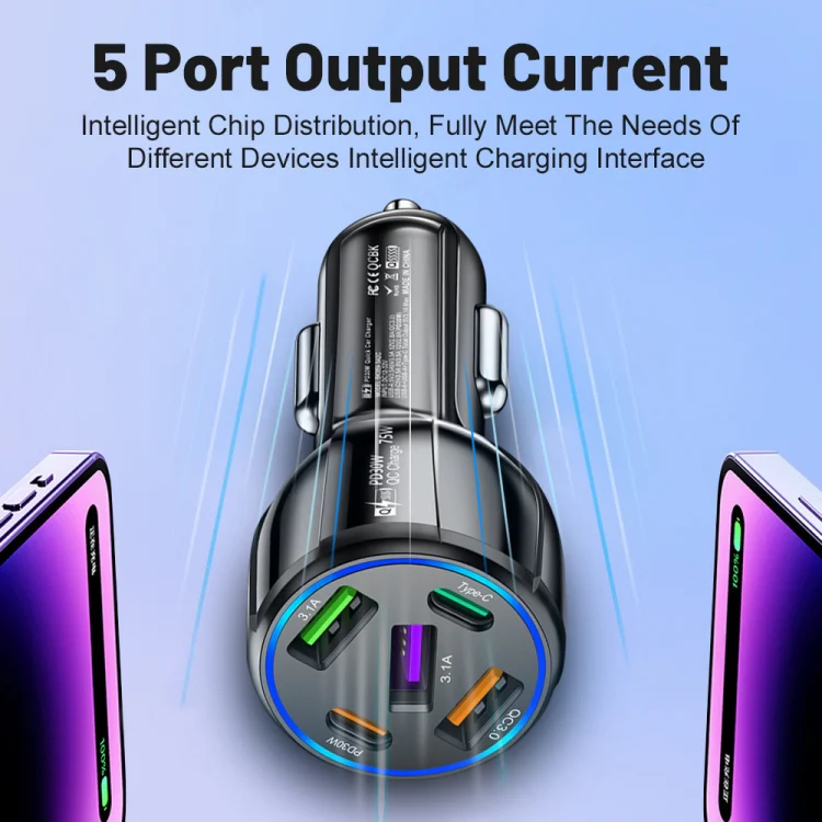 3USB+2PD 75W Dual Line Car Mobile Phone Fast Charging Charger(White) - Image 4
