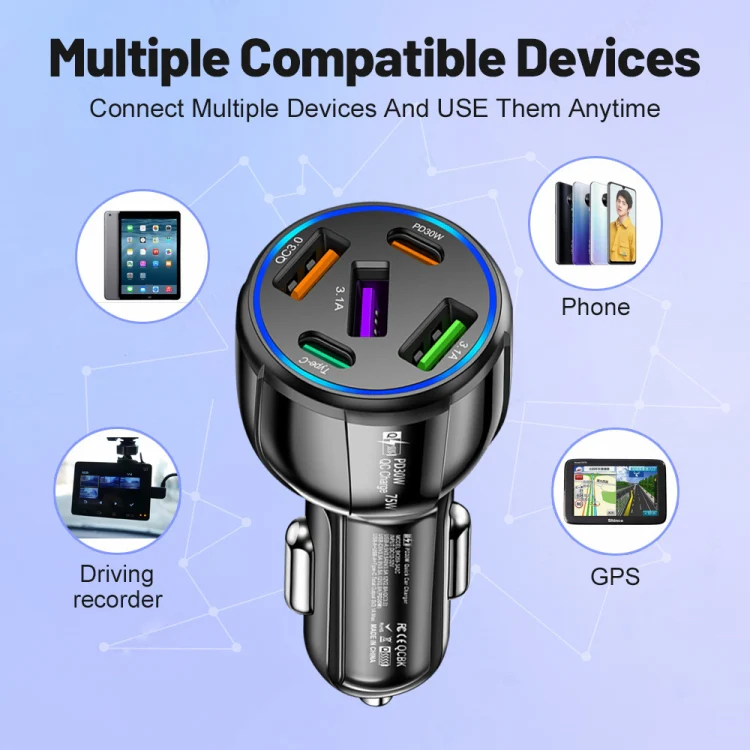 3USB+2PD 75W Dual Line Car Mobile Phone Fast Charging Charger(White) - Image 5