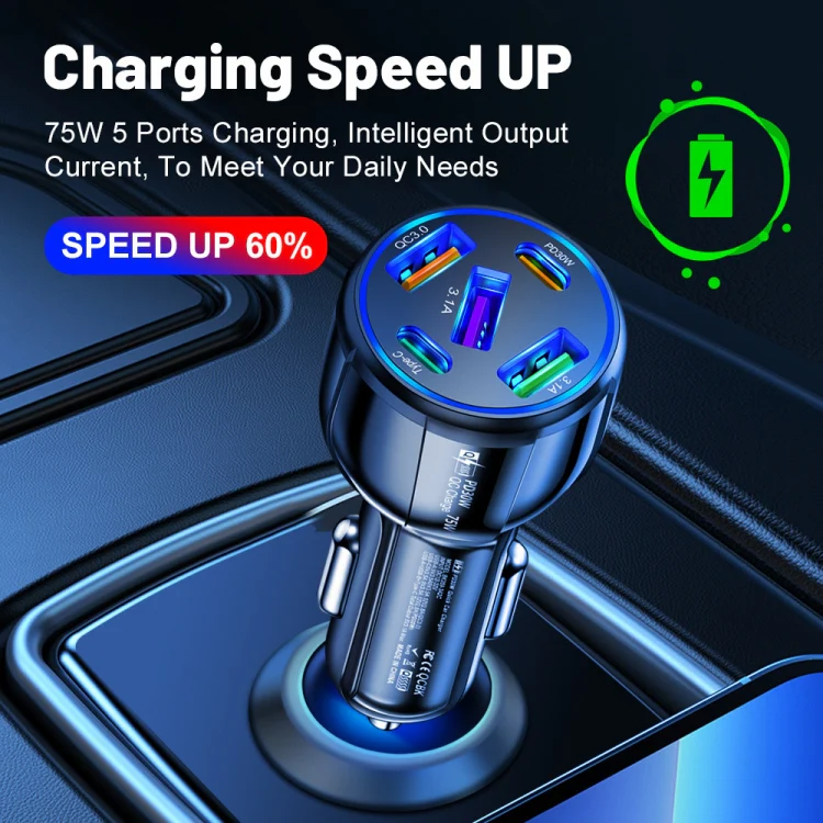 3USB+2PD 75W Dual Line Car Mobile Phone Fast Charging Charger(White) - Image 8