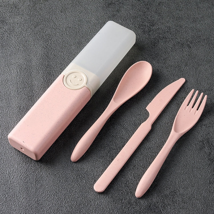 4 In 1 Portable Wheat Straw Tableware Set Outdoor Travel Storage Tableware Box, Style: B With Knife (Pink)