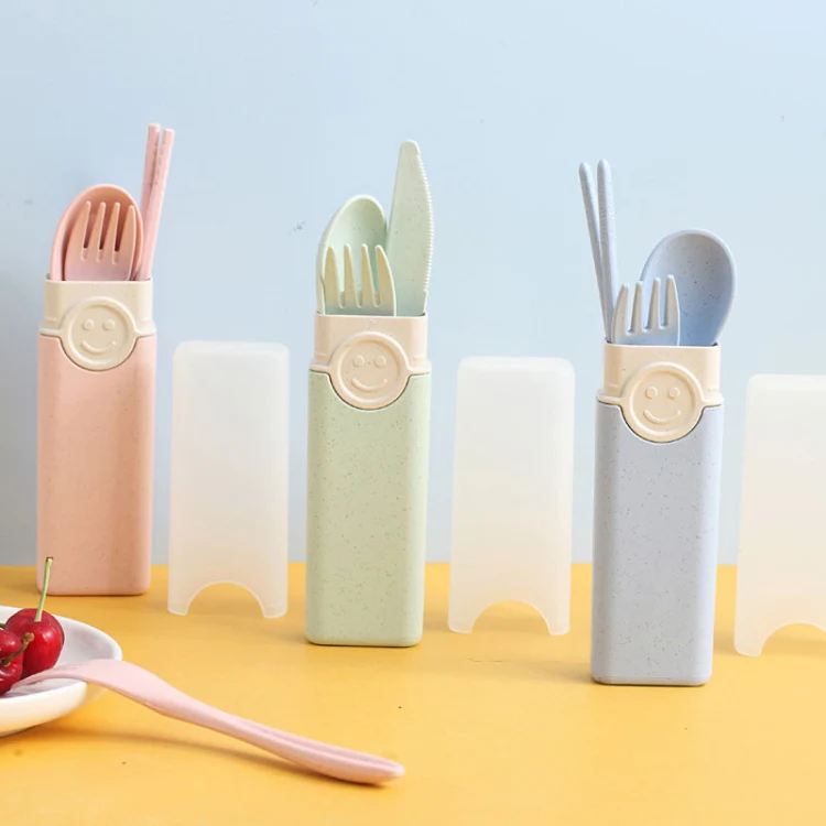 4 In 1 Portable Wheat Straw Tableware Set Outdoor Travel Storage Tableware Box, Style: B With Knife (Pink) - Image 3