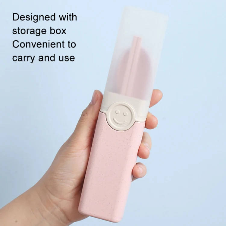 4 In 1 Portable Wheat Straw Tableware Set Outdoor Travel Storage Tableware Box, Style: B With Knife (Pink) - Image 5