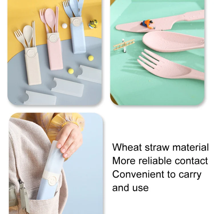 4 In 1 Portable Wheat Straw Tableware Set Outdoor Travel Storage Tableware Box, Style: B With Knife (Pink) - Image 6