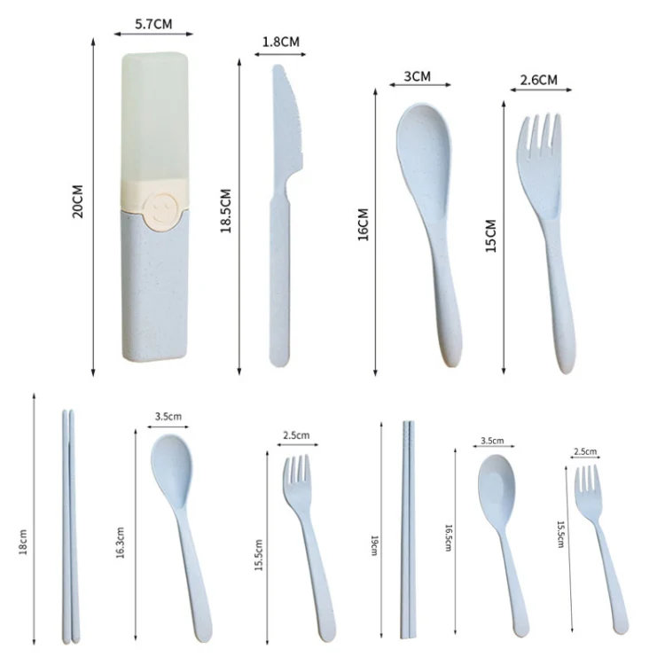 4 In 1 Portable Wheat Straw Tableware Set Outdoor Travel Storage Tableware Box, Style: B With Knife (Pink) - Image 7