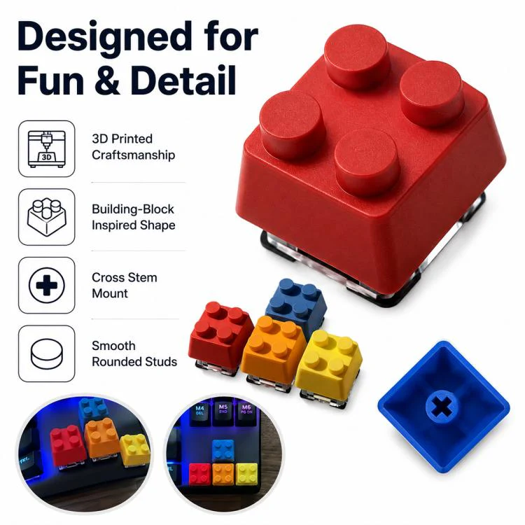 4-key Creative 3D Building Blocks Cross-Stem Keycap(Red+Blue+Yellow+Orange) - Image 5