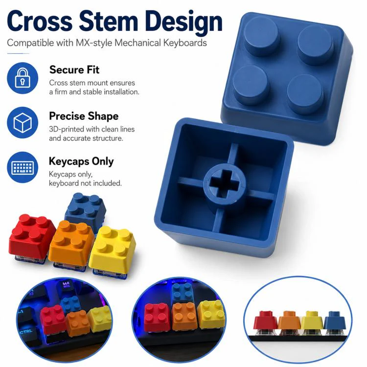 4-key Creative 3D Building Blocks Cross-Stem Keycap(Red+Blue+Yellow+Orange) - Image 7