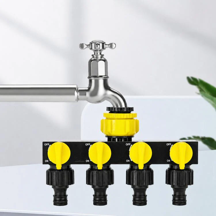 4-Way Water Tap Splitter With On-Off Switch 1 Inlet 4 Outlets Quick Connect Valve Connector(Yellow)