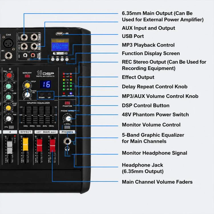402D 4-Channel Multi-function Professional Bluetooth Mixer with Amplifier, Plug Type:UK Plug(Black) - Image 5