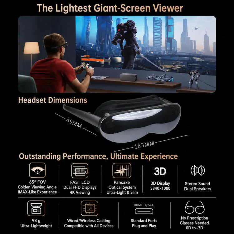 4K Ultra HD Smart VR Headset 1,000 Inch 3D Projection Universal Gaming Headset, Spec: WIFI Black+TX Cable - Image 7