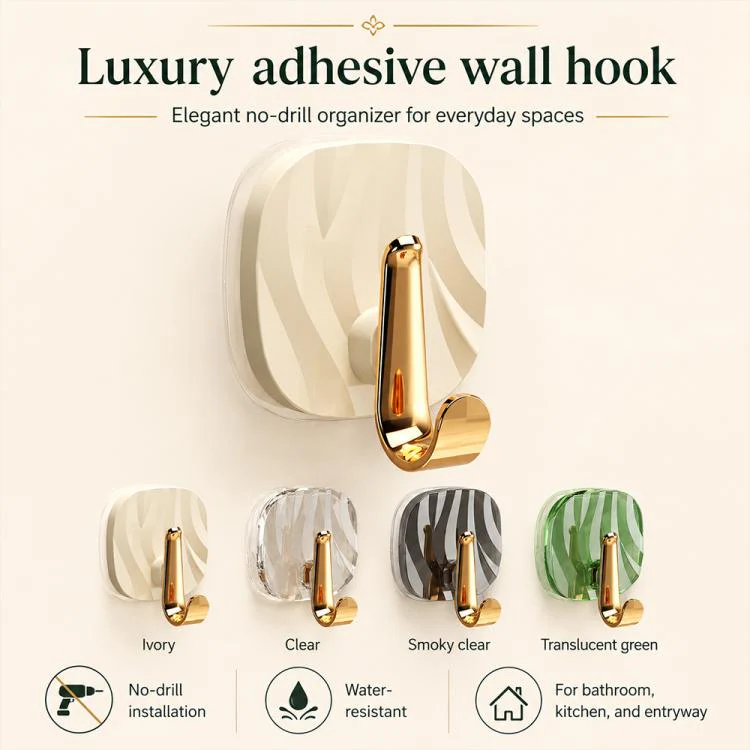 4pcs No Drill Light Luxury Plastic Adhesive Hooks Traceless Heavy-Duty Clothes Hook, Style:Gold Hook(Transparent Black) - Image 2