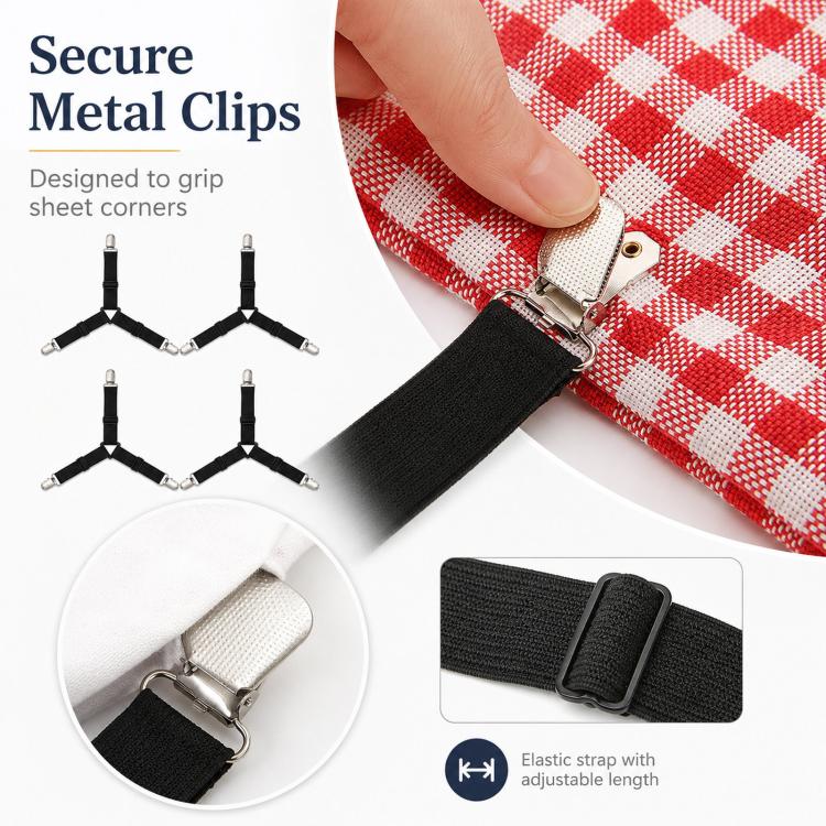 4pcs /Pack Bed Sheet Fasteners 3-Way Triangle Sheet Straps Adjustable Elastic Mattress Sheet Holder Straps with Metal Clips & Fabric Protectors(Black) - Image 4