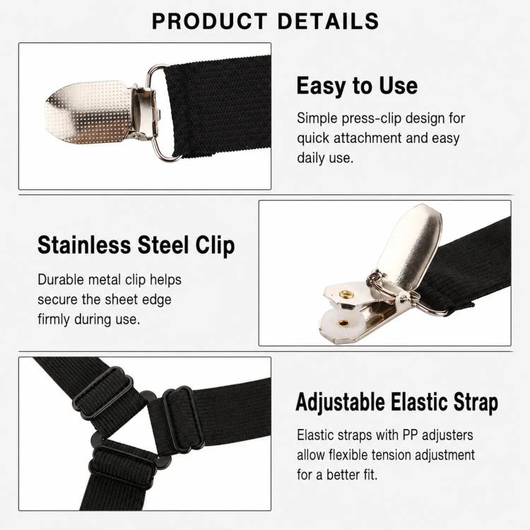 4pcs /Pack Bed Sheet Fasteners 3-Way Triangle Sheet Straps Adjustable Elastic Mattress Sheet Holder Straps with Metal Clips & Fabric Protectors(Black) - Image 5