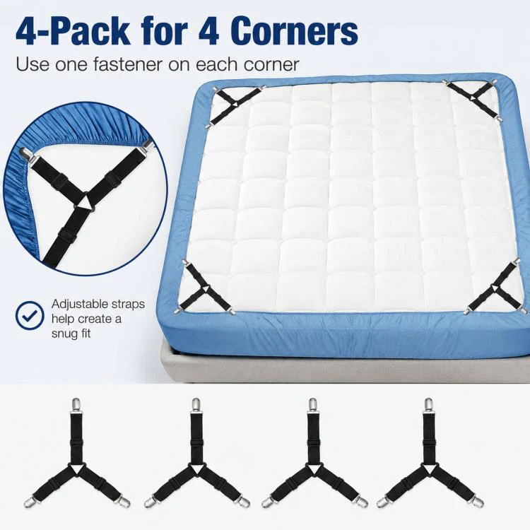 4pcs /Pack Bed Sheet Fasteners 3-Way Triangle Sheet Straps Adjustable Elastic Mattress Sheet Holder Straps with Metal Clips & Fabric Protectors(Black) - Image 6