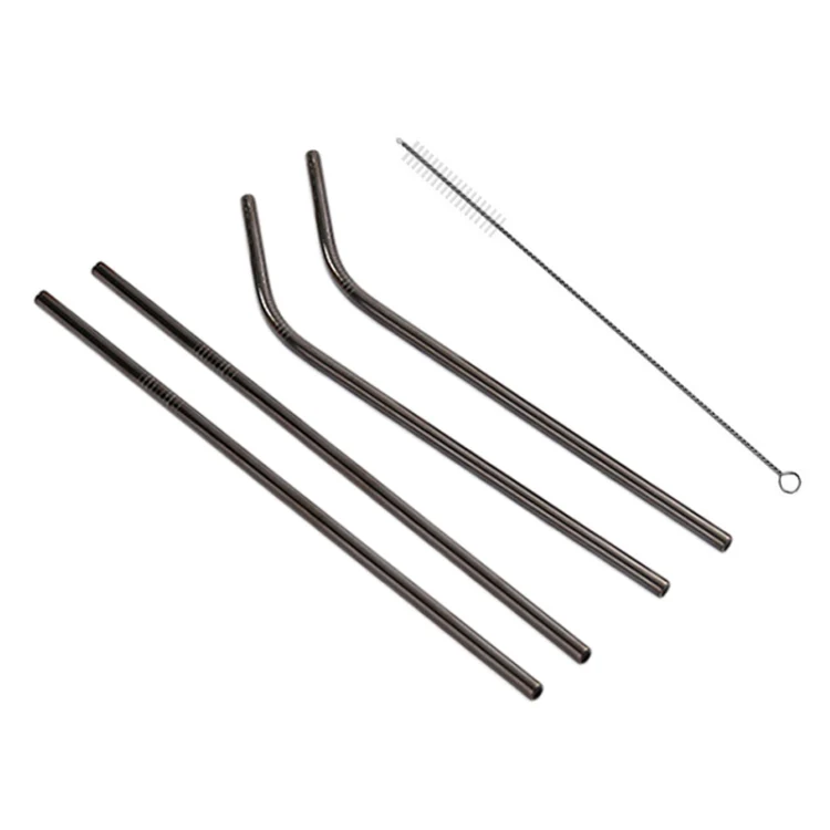 4pcs Reusable Stainless Steel Drinking Straw + Cleaner Brush Set Kit,  215*6mm(Black) - Image 3