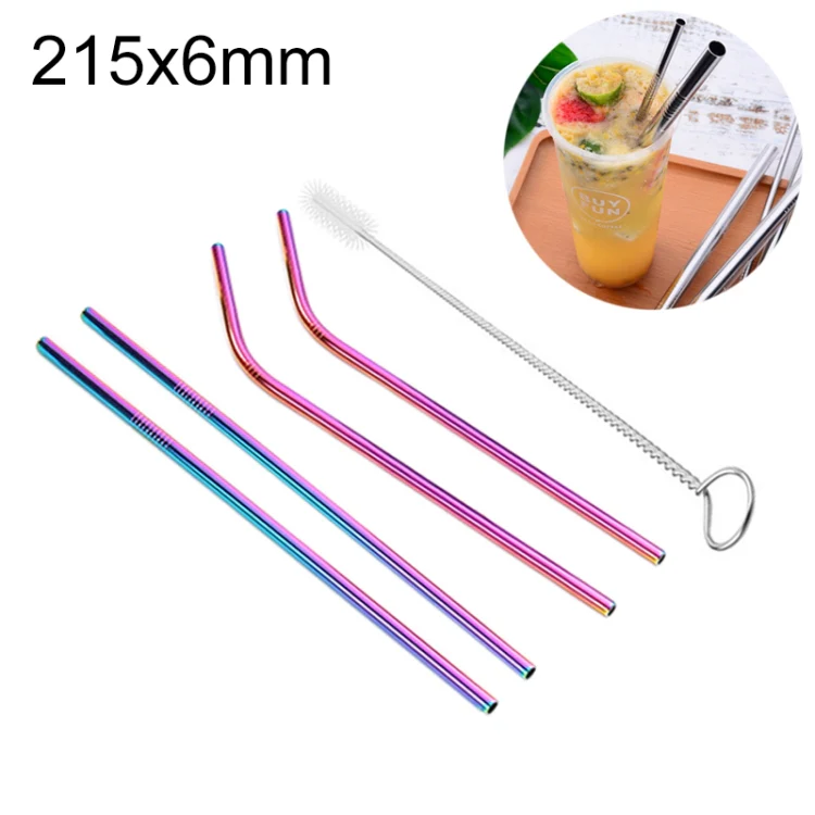 4pcs Reusable Stainless Steel Drinking Straw + Cleaner Brush Set Kit,  215*6mm(Colour)