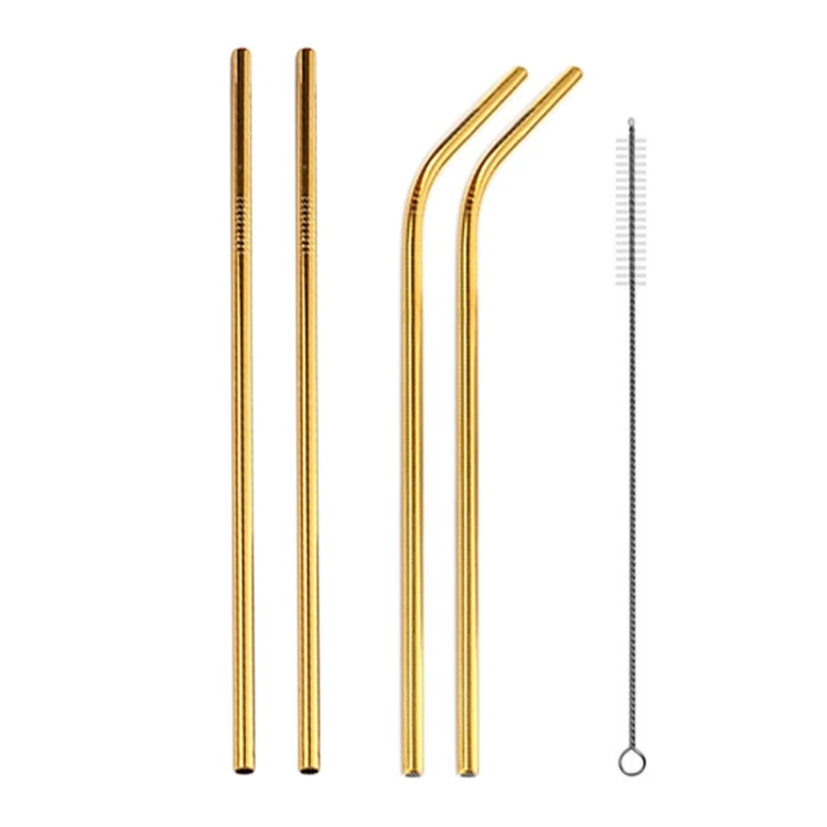 4pcs Reusable Stainless Steel Drinking Straw + Cleaner Brush Set Kit,  215*8mm(Gold) - Image 2