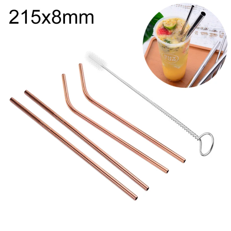 4pcs Reusable Stainless Steel Drinking Straw + Cleaner Brush Set Kit,  215*8mm(Rose Gold)
