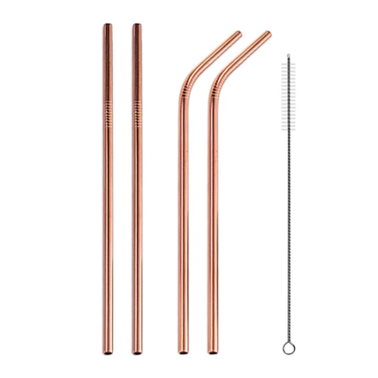 4pcs Reusable Stainless Steel Drinking Straw + Cleaner Brush Set Kit,  266*6mm(Rose Gold) - Image 2