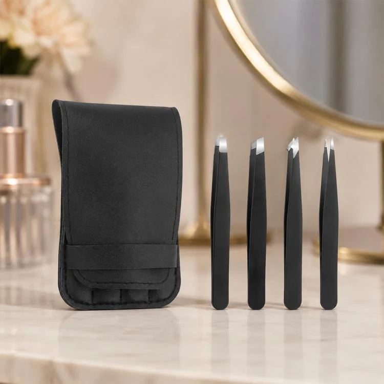 4pcs/Set Stainless Steel Tweezers Eyebrow Shaping Tool Kit with PU Leather Bag(Black)