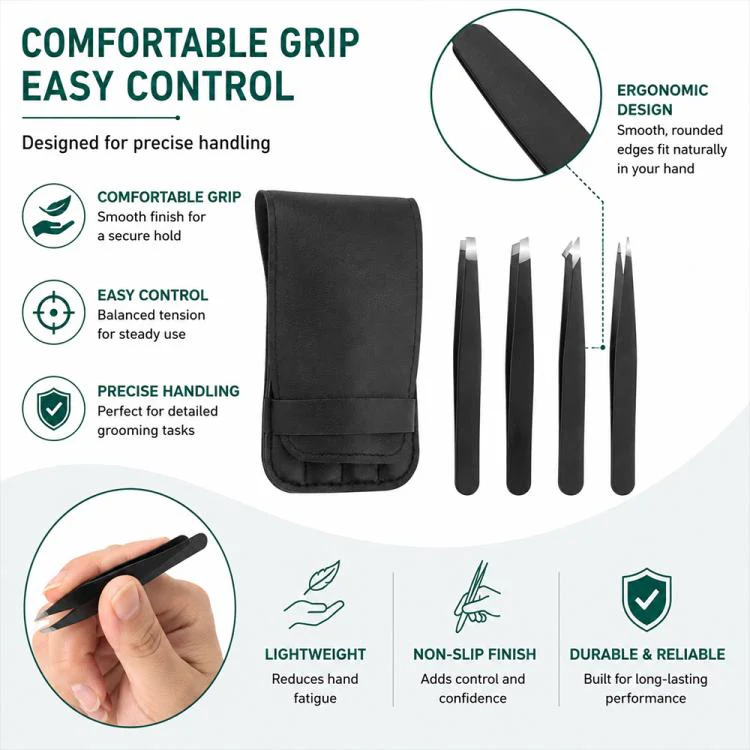 4pcs/Set Stainless Steel Tweezers Eyebrow Shaping Tool Kit with PU Leather Bag(Black) - Image 10
