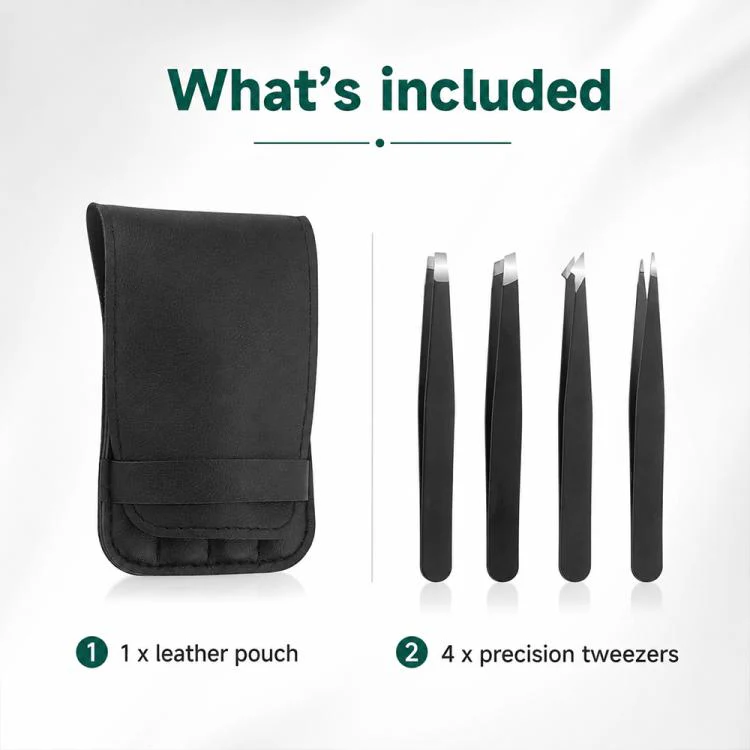 4pcs/Set Stainless Steel Tweezers Eyebrow Shaping Tool Kit with PU Leather Bag(Black) - Image 4