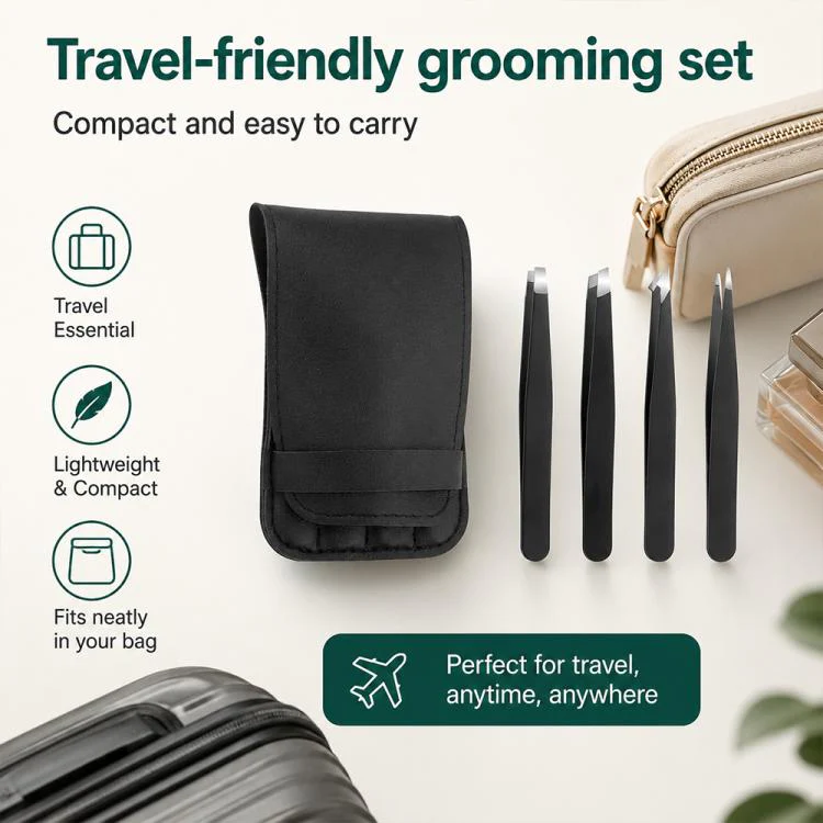 4pcs/Set Stainless Steel Tweezers Eyebrow Shaping Tool Kit with PU Leather Bag(Black) - Image 5