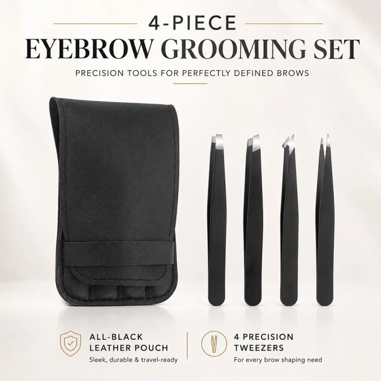 4pcs/Set Stainless Steel Tweezers Eyebrow Shaping Tool Kit with PU Leather Bag(Black) - Image 6