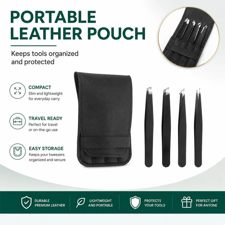 4pcs/Set Stainless Steel Tweezers Eyebrow Shaping Tool Kit with PU Leather Bag(Black) - Image 8