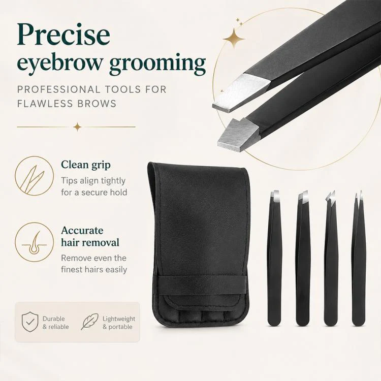4pcs/Set Stainless Steel Tweezers Eyebrow Shaping Tool Kit with PU Leather Bag(Black) - Image 9