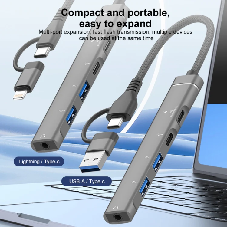 5 in 2 Multi-function HUB Adapter, Interface:USB-C / Type-C + USB-A(Grey) - Image 3
