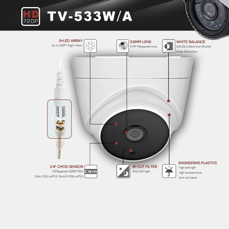 533A CE & RoHS Certificated Waterproof 3.6mm 3MP Lens AHD Camera with 2 IR LED Arrays, Support Night Vision & White Balance - Image 9