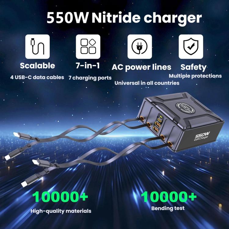 550W USB-C GaN Super Fast Charging Multi-Port Retractable Cable Charger(UK Plug) - Image 4