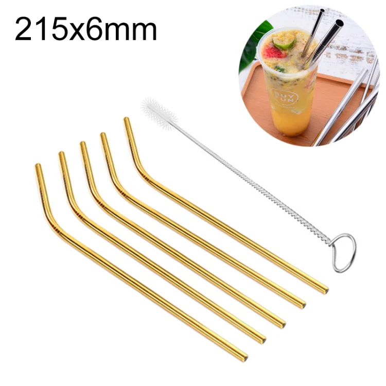 5pcs Reusable Stainless Steel Bent Drinking Straw + Cleaner Brush Set Kit,  215*6mm(Gold)
