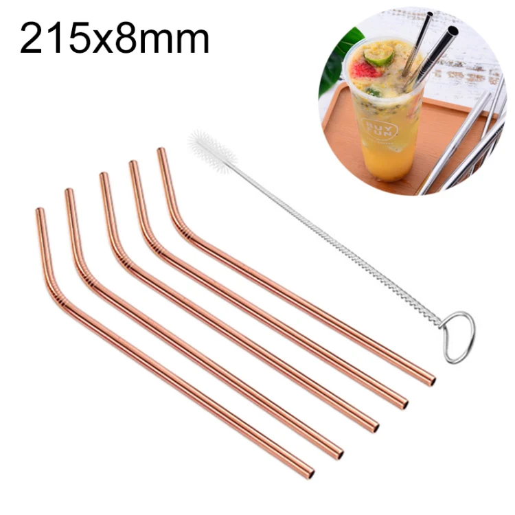 5pcs Reusable Stainless Steel Bent Drinking Straw + Cleaner Brush Set Kit, 215*8mm(Rose Gold)