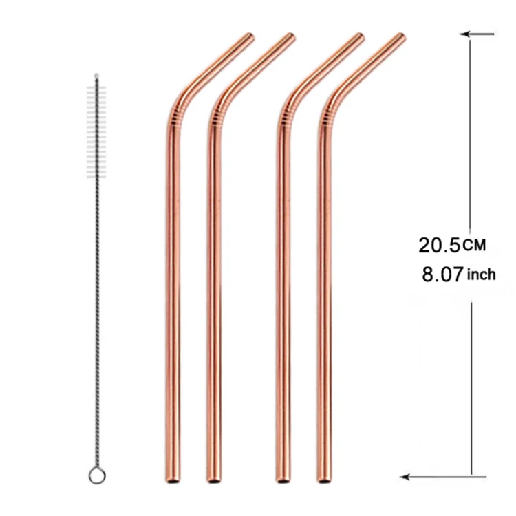 5pcs Reusable Stainless Steel Bent Drinking Straw + Cleaner Brush Set Kit, 215*8mm(Rose Gold) - Image 2