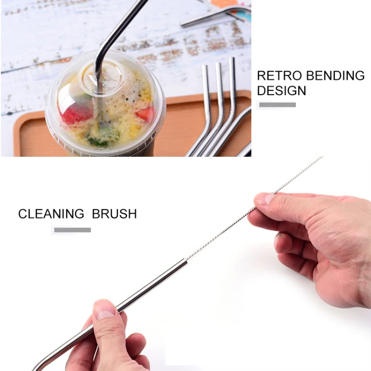 5pcs Reusable Stainless Steel Bent Drinking Straw + Cleaner Brush Set Kit, 215*8mm(Rose Gold) - Image 7